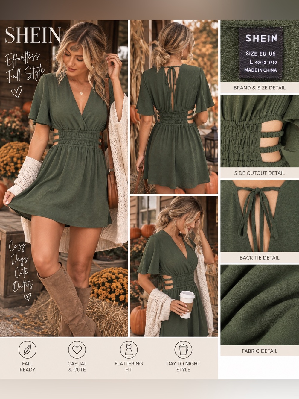 SHEIN Olive Green Cutout Waist Tie Back Mini Dress Size L